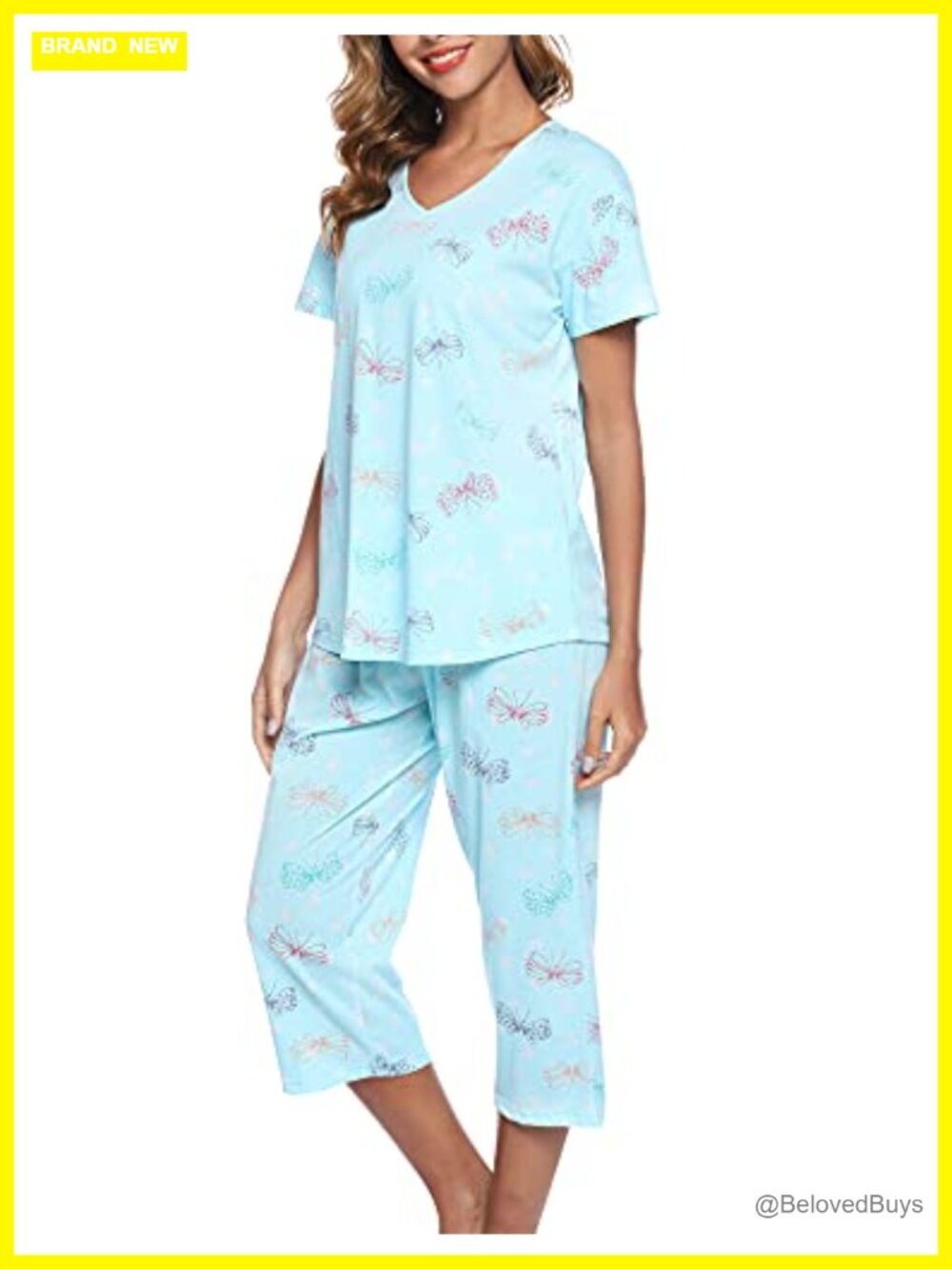Womens Pajama Set Cotton Blend Short Sleeve V-Neck Top Capri Pants 2-Piece